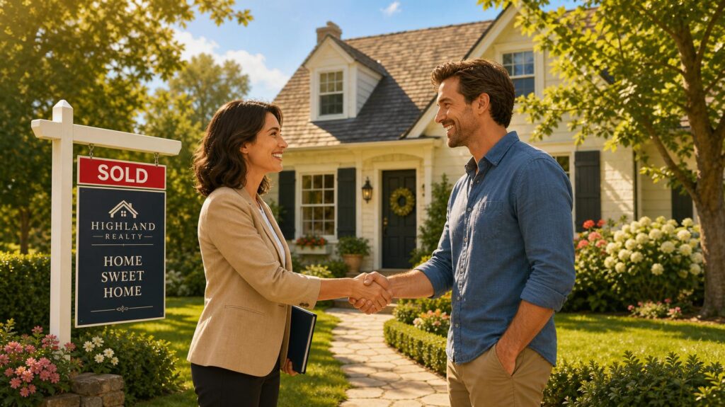 A real estate agent and a client shaking hands in front of a property