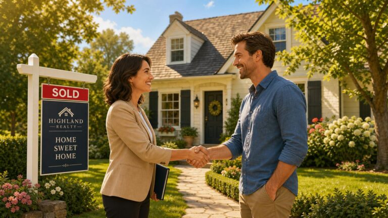 A real estate agent and a client shaking hands in front of a property