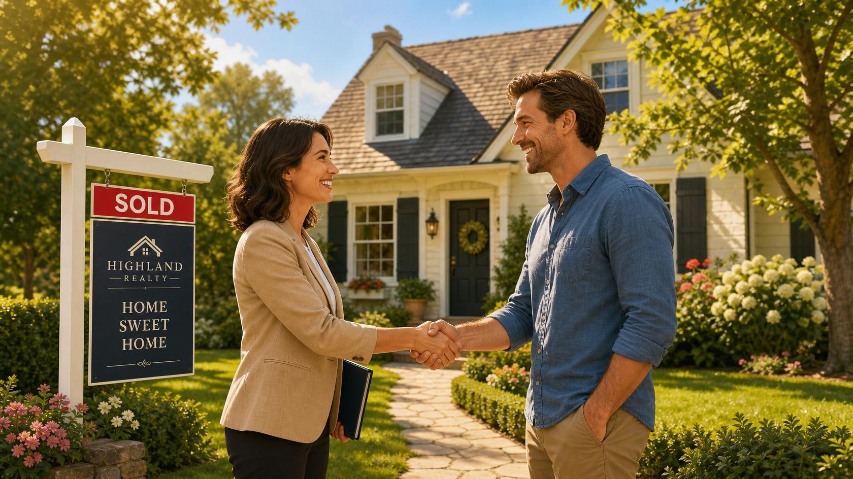 A real estate agent and a client shaking hands in front of a property