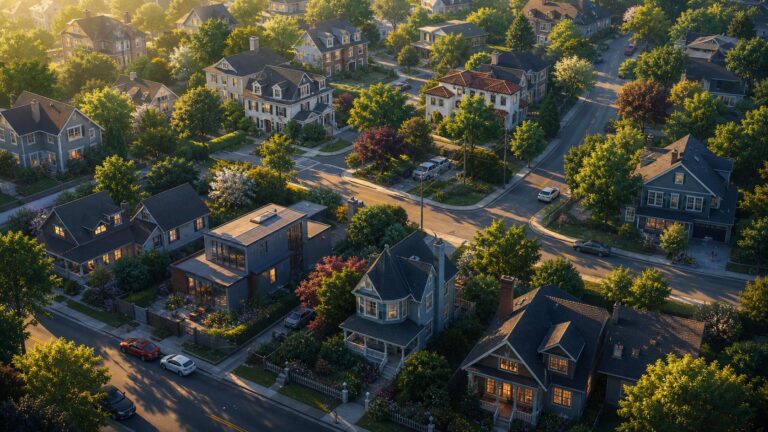 Aerial view of a suburban neighbourhood with houses and streets