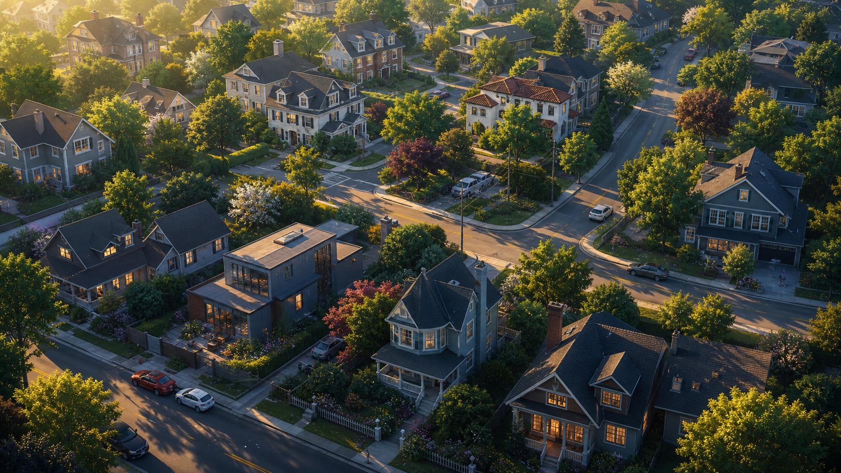 Aerial view of a suburban neighbourhood with houses and streets