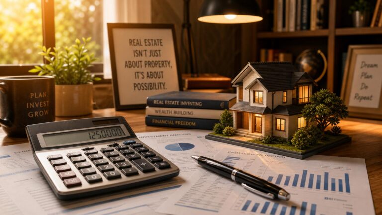 Calculator, pen, and house model on top of financial documents