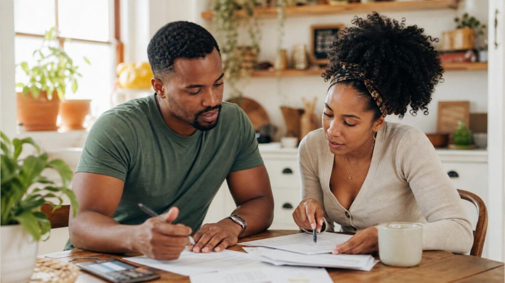 Couple reviewing paperwork at a kitchen table