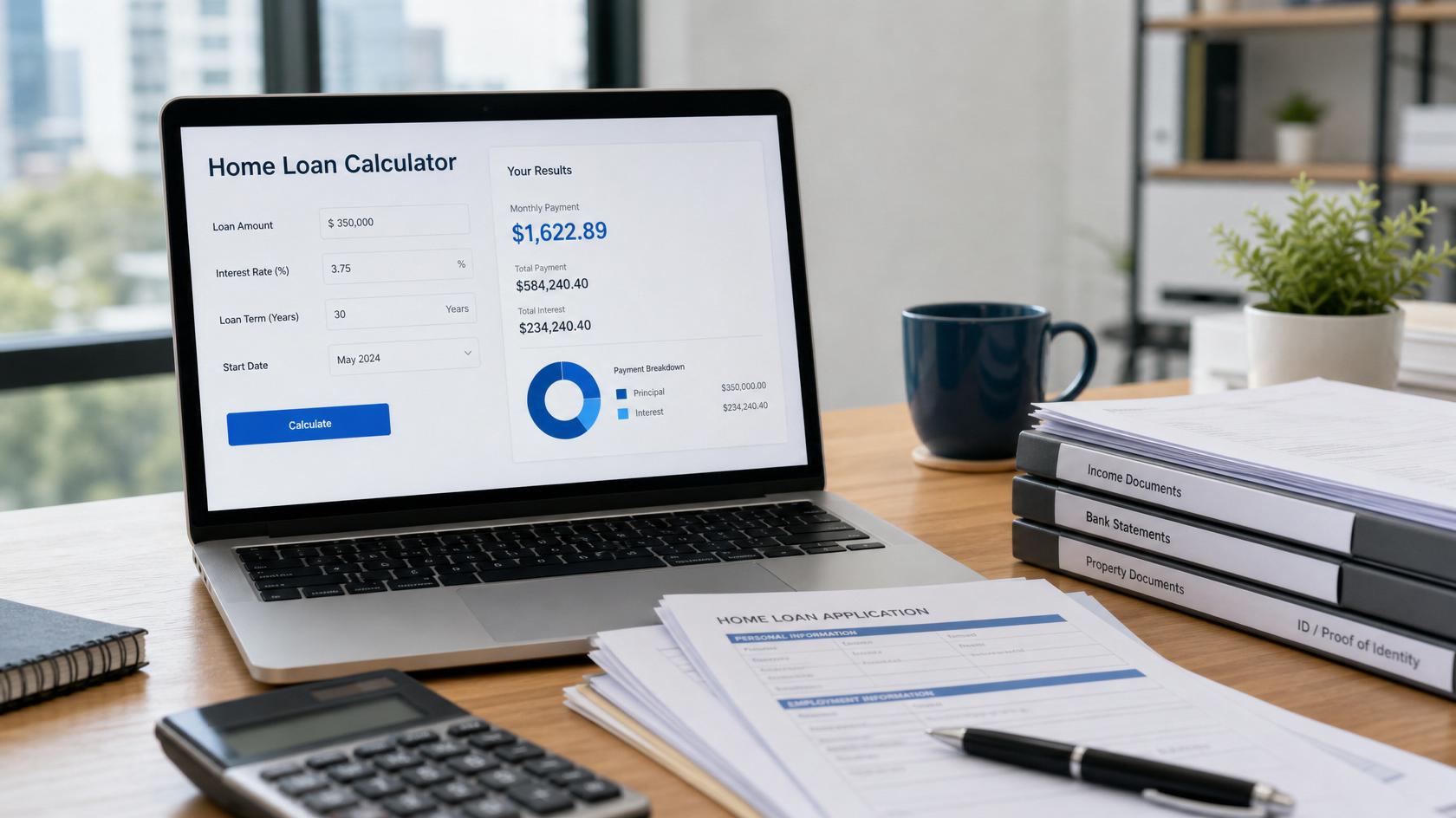 Laptop showing a home loan calculator with paperwork nearby