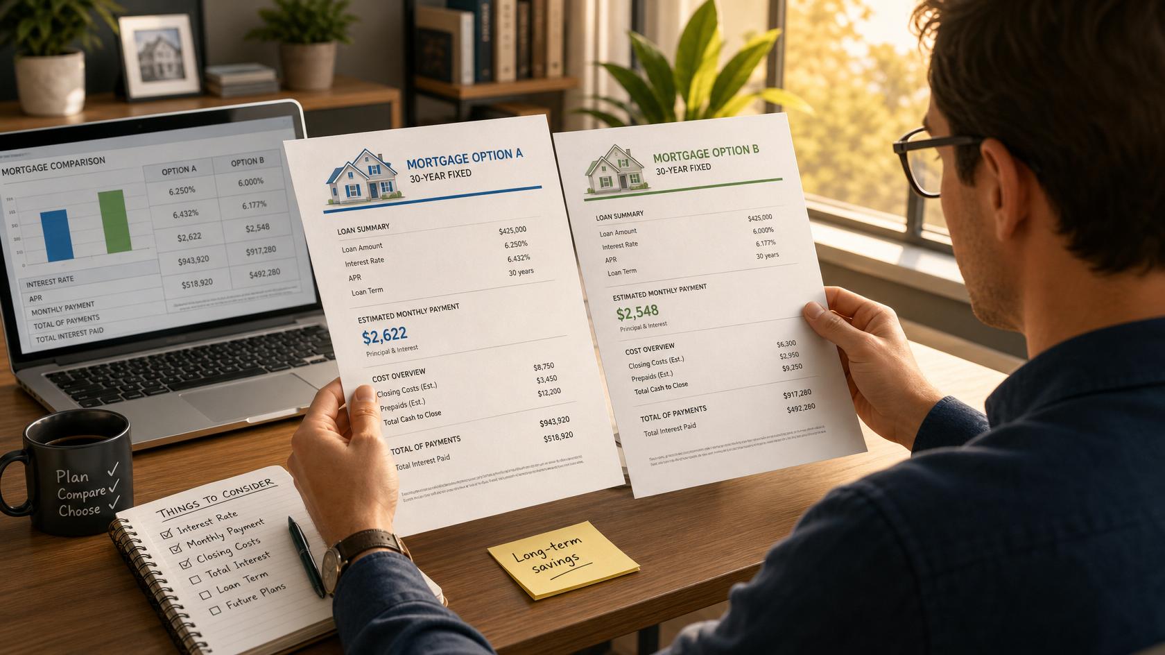 Person comparing two mortgage documents side by side