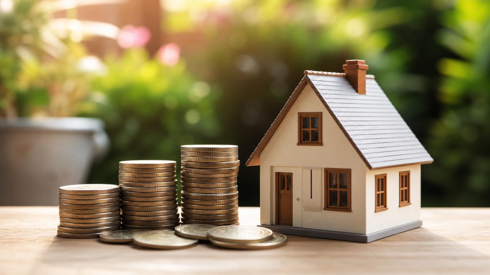 Stack of coins next to a small model house