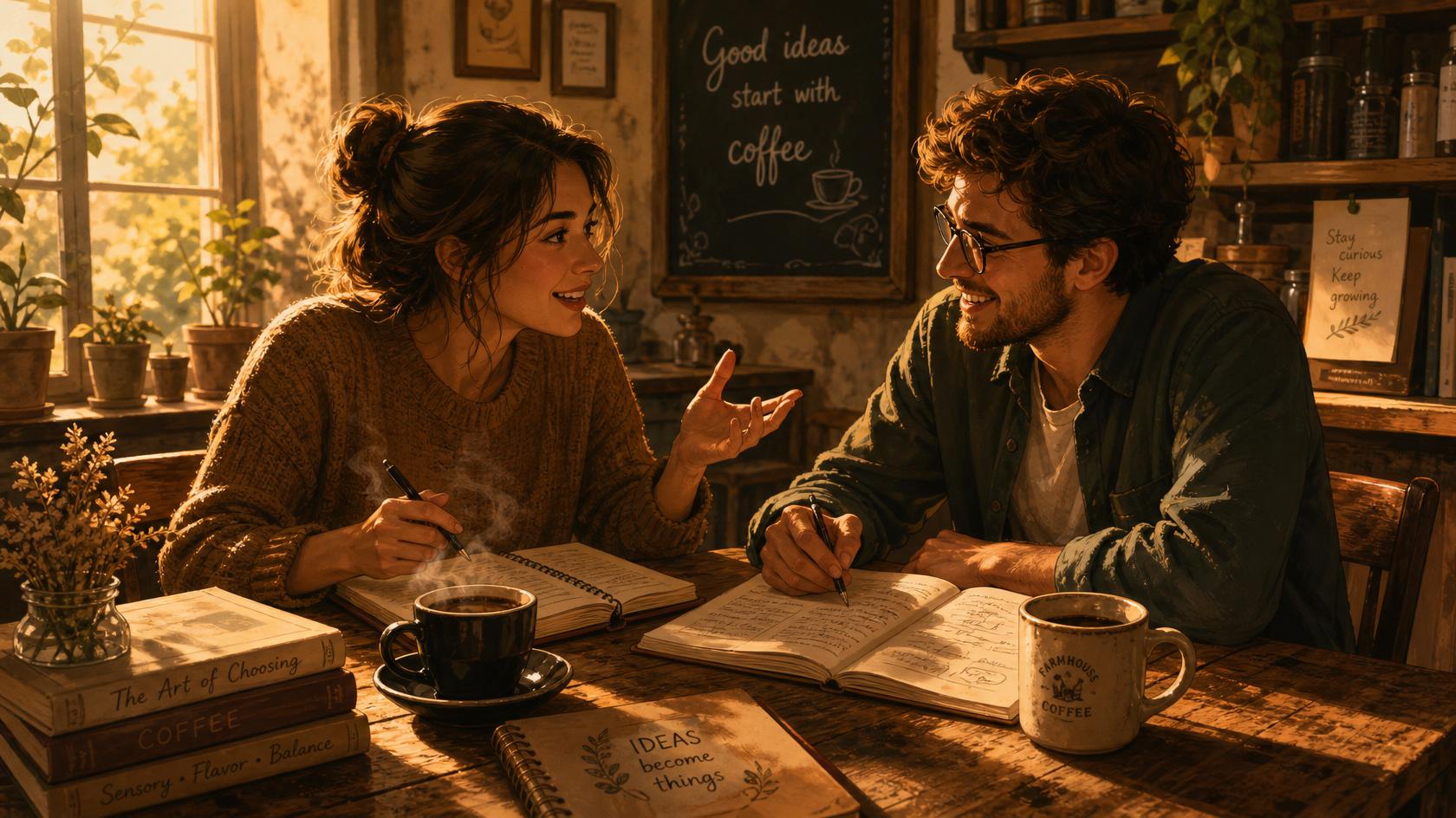 Two people at a table having a discussion with notebooks and coffee