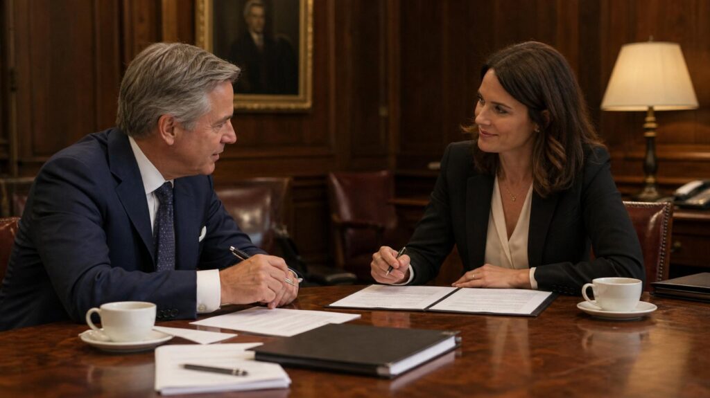 Two people negotiating over a document at a table