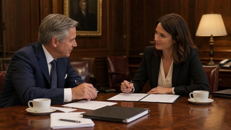 Two people negotiating over a document at a table
