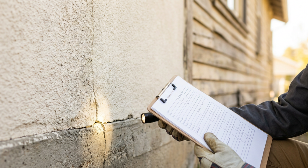 An inspector examining a wall with a torch