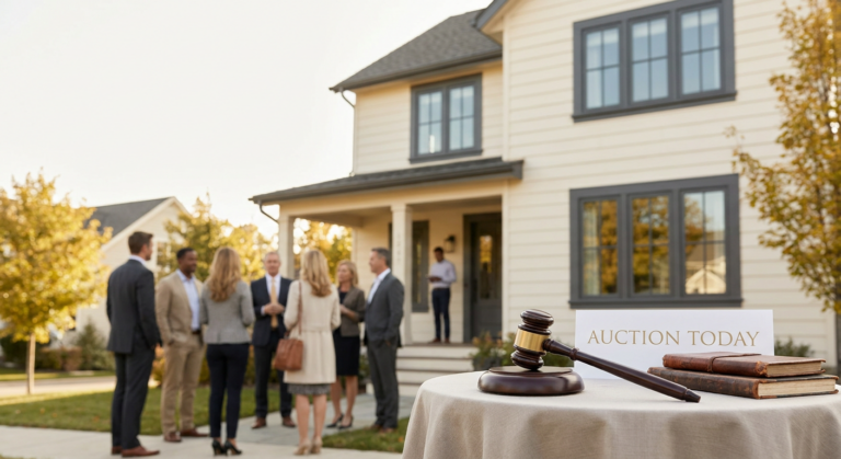 A property auction with bidders standing outside a house